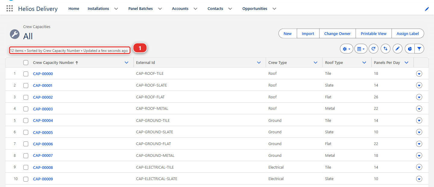 The All list of Crew Capacity in helios-dev, with its 12 records
