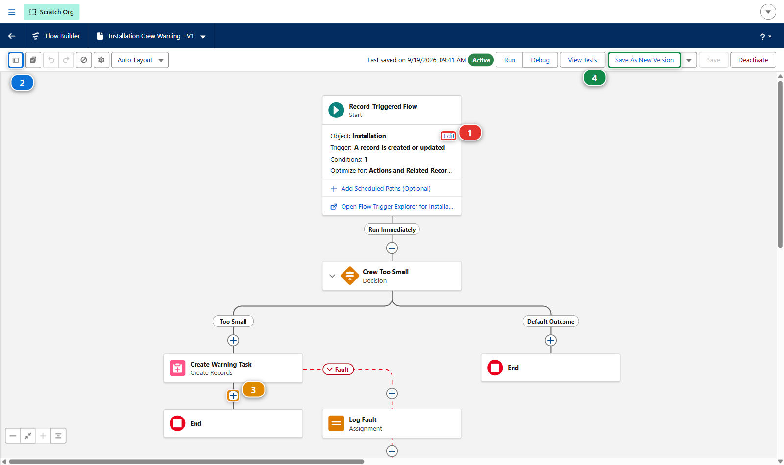 The Installation Crew Warning flow in Flow Builder