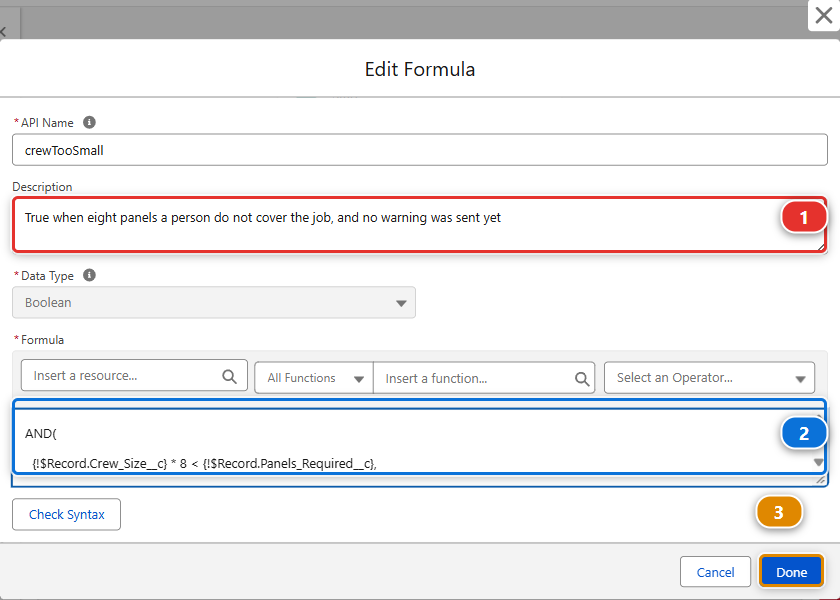 The Edit Formula window of the crewTooSmall resource