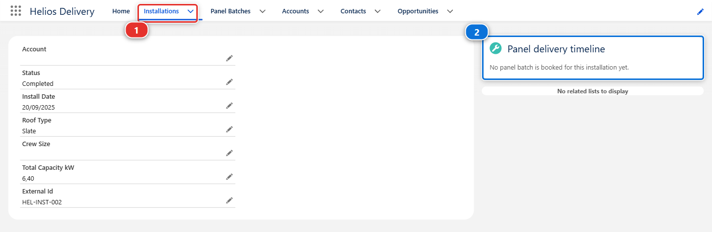 An installation record in the Helios Delivery app