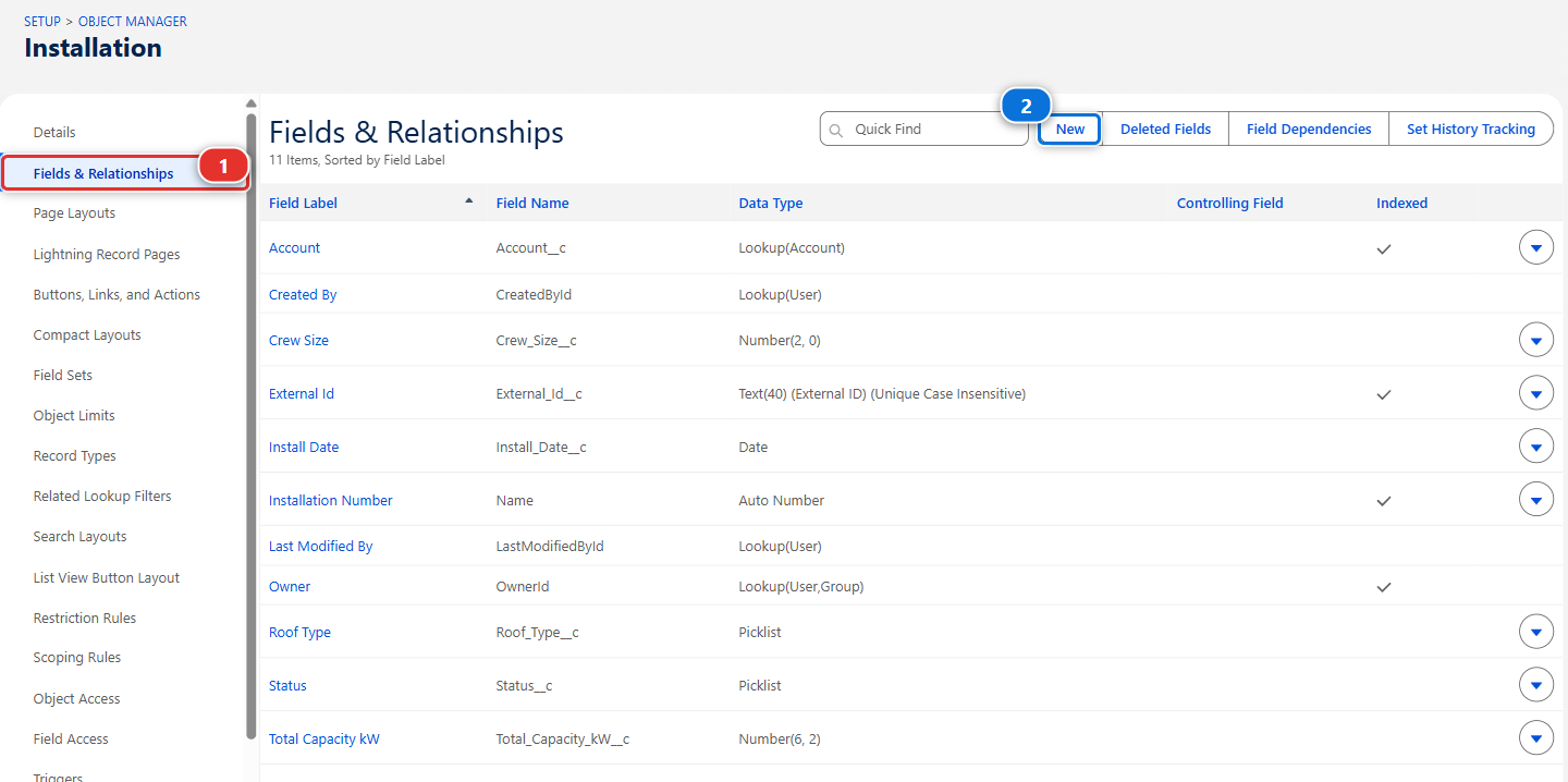 The Fields and Relationships page of the Installation object in Setup