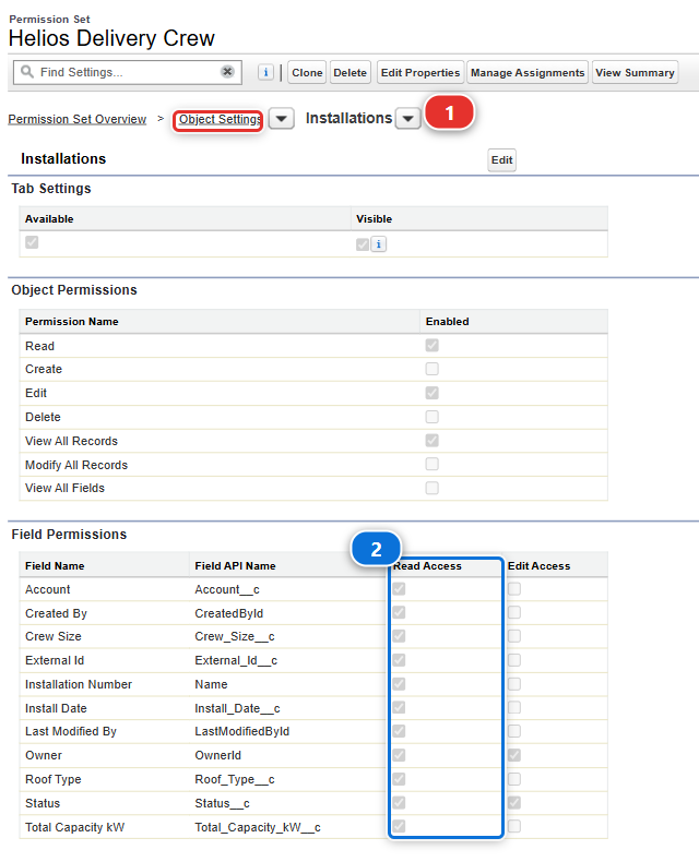 Object Settings for Installations on the Helios Delivery Crew permission set