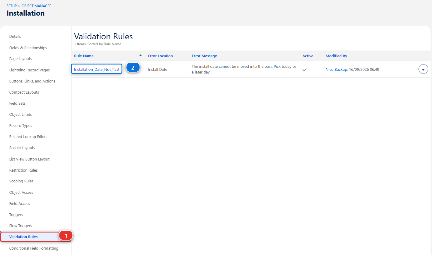 The validation rules of Installation in Setup
