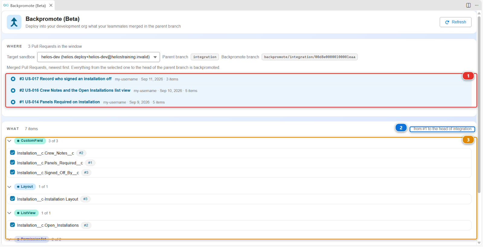 The Backpromote panel, with the merged Pull Requests and the items they bring down