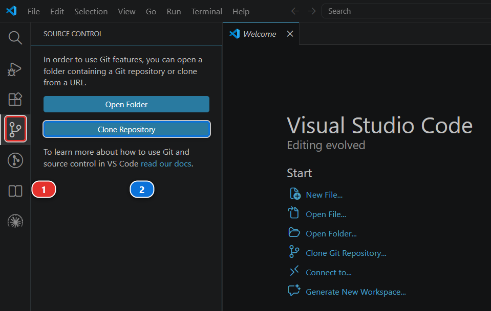 The Source Control panel of VS Code before any folder is open