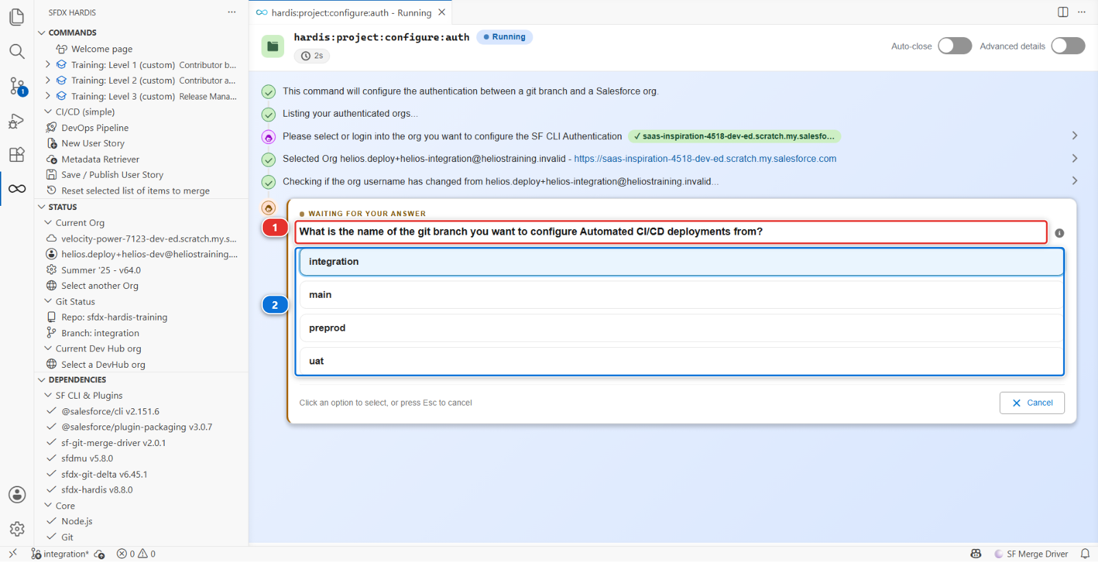 The Add/Configure Org command asking which git branch to configure
