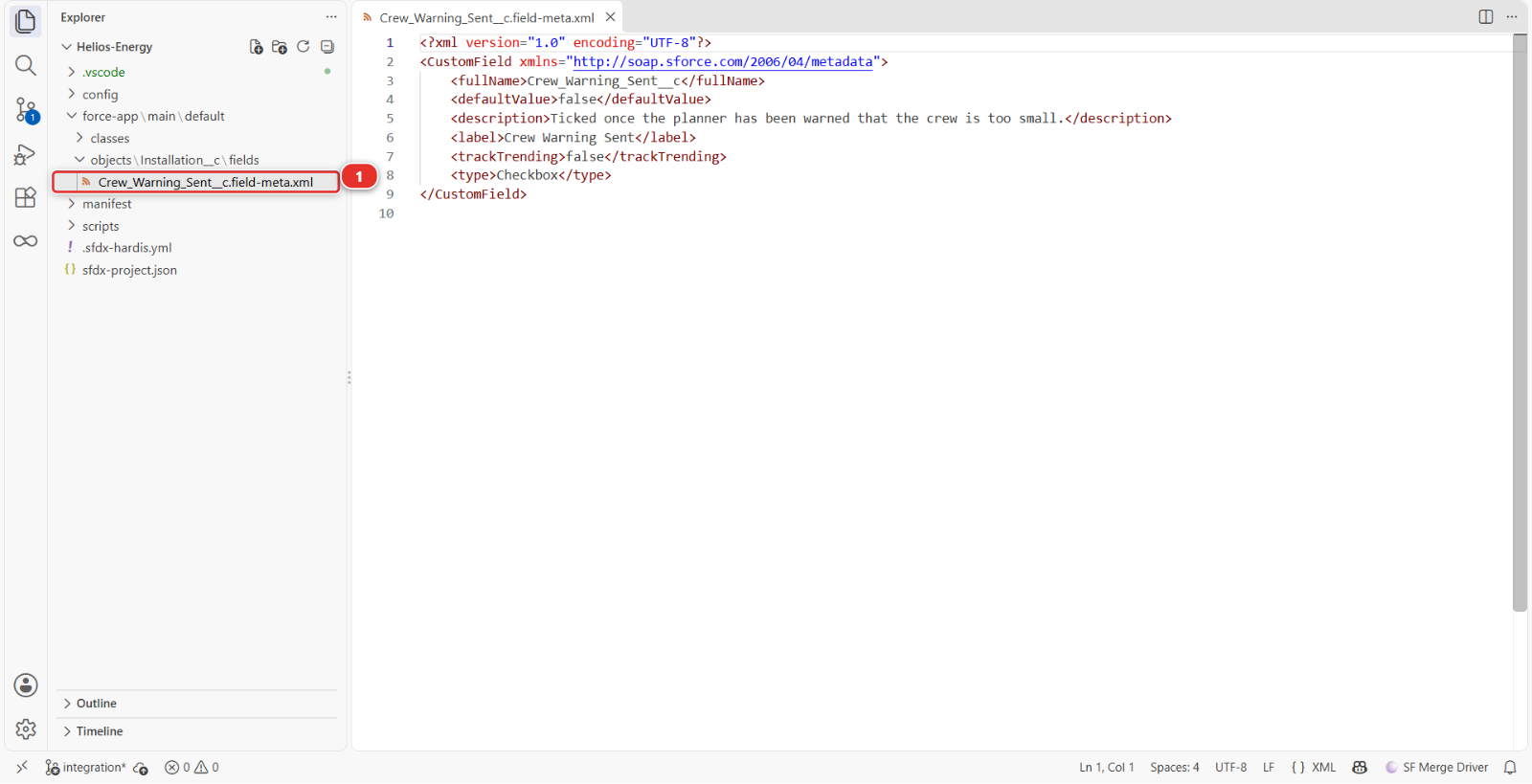 The retrieved field file in the Explorer, open in the editor