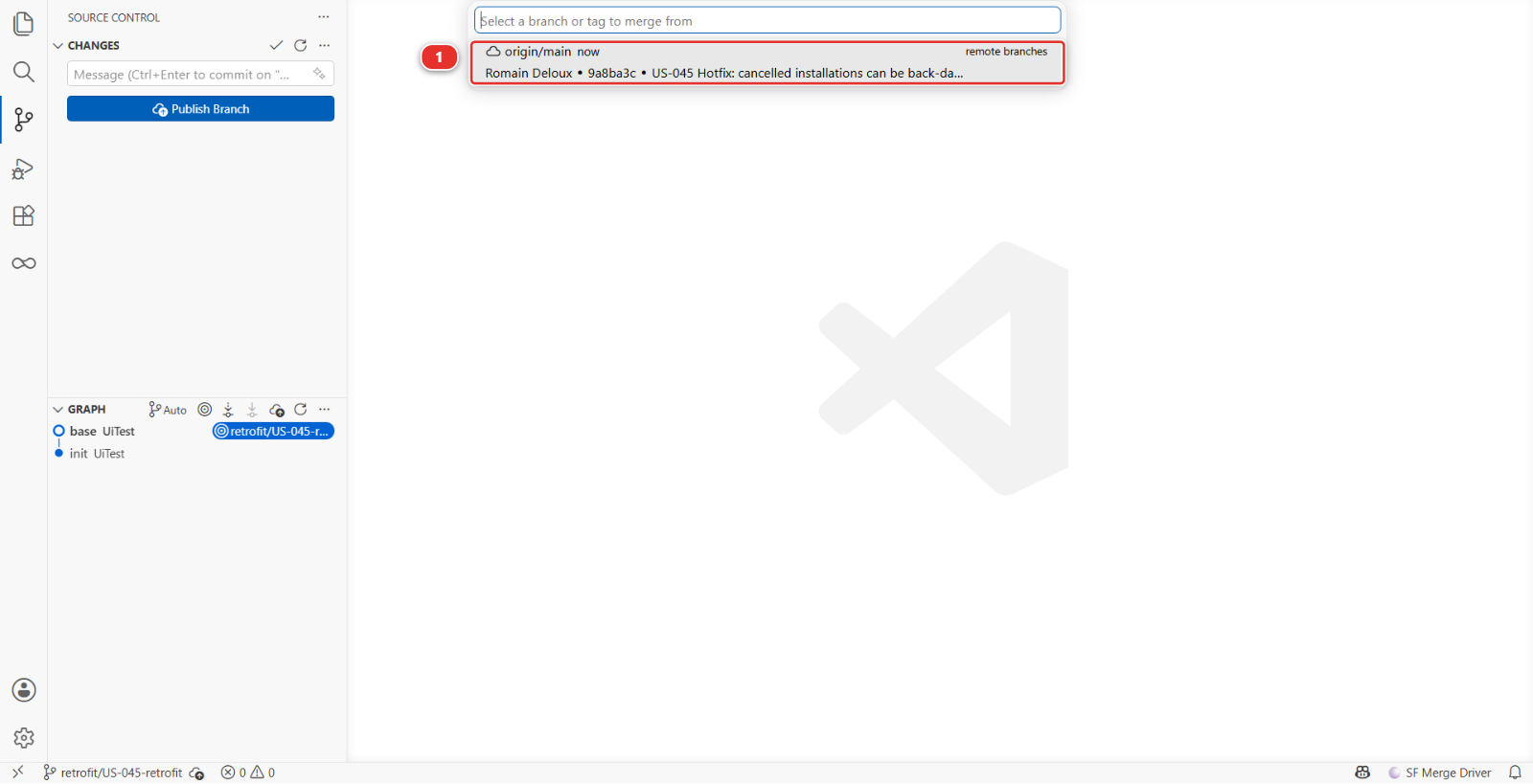 The branch picker, with origin main