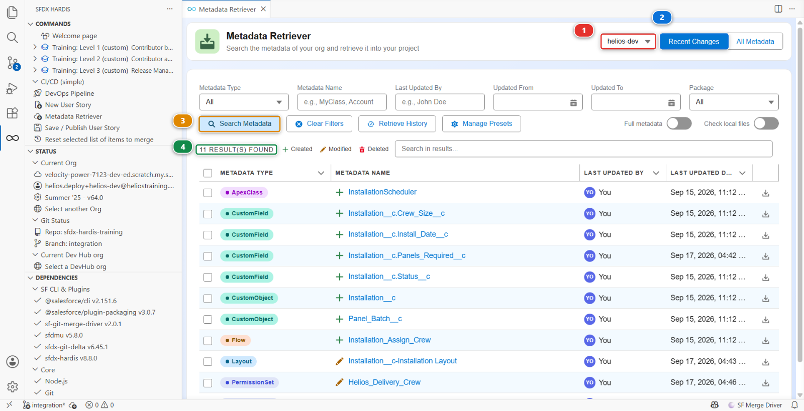 The Metadata Retriever listing the recent changes of the org