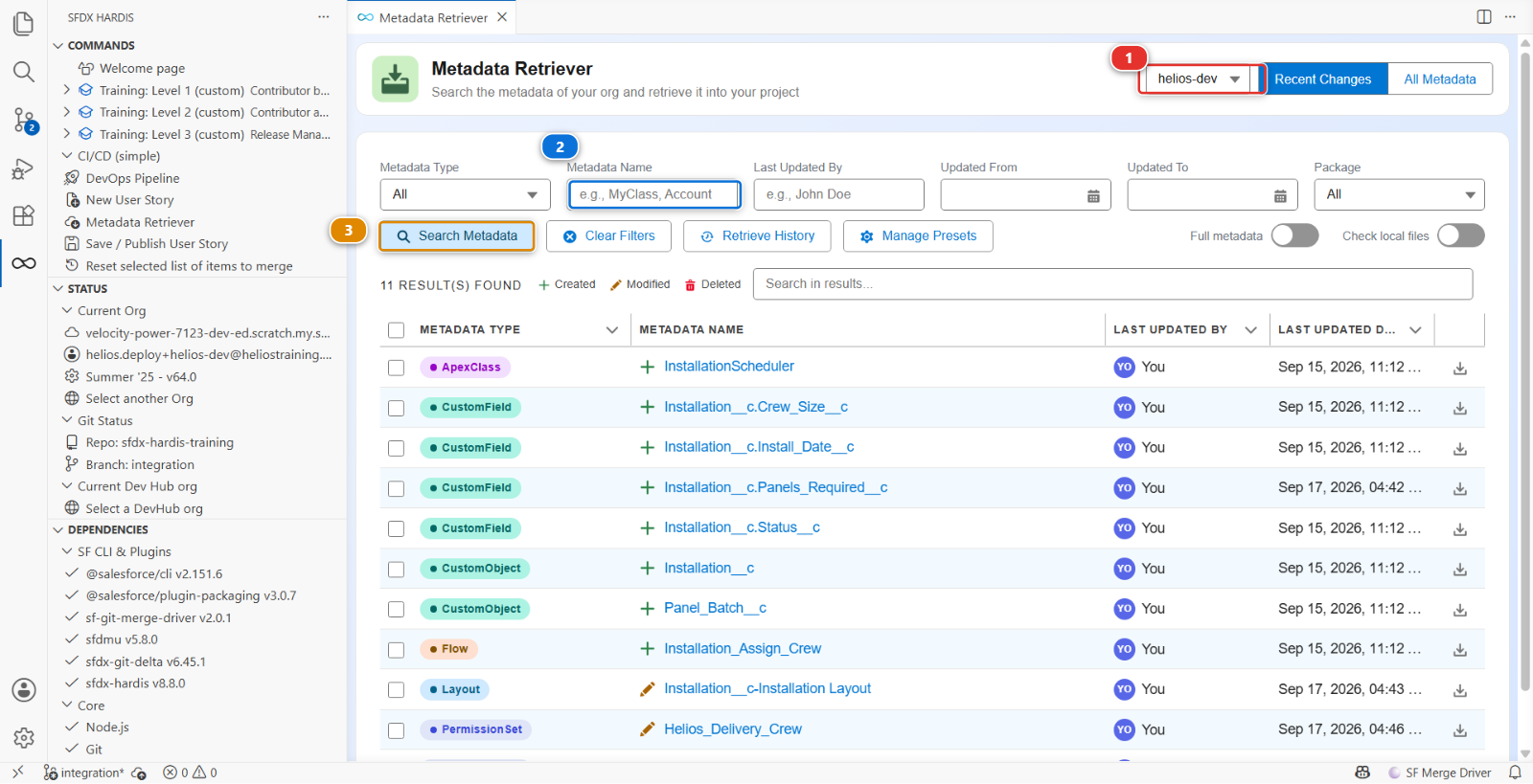 The Metadata Retriever panel, with its org selector, its filters and the Search Metadata button