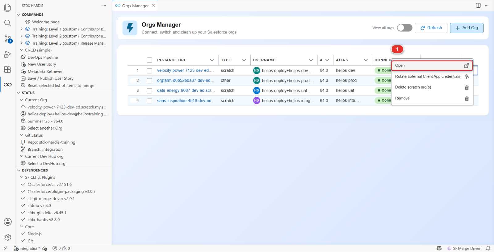 The actions menu of the development org in Orgs Manager