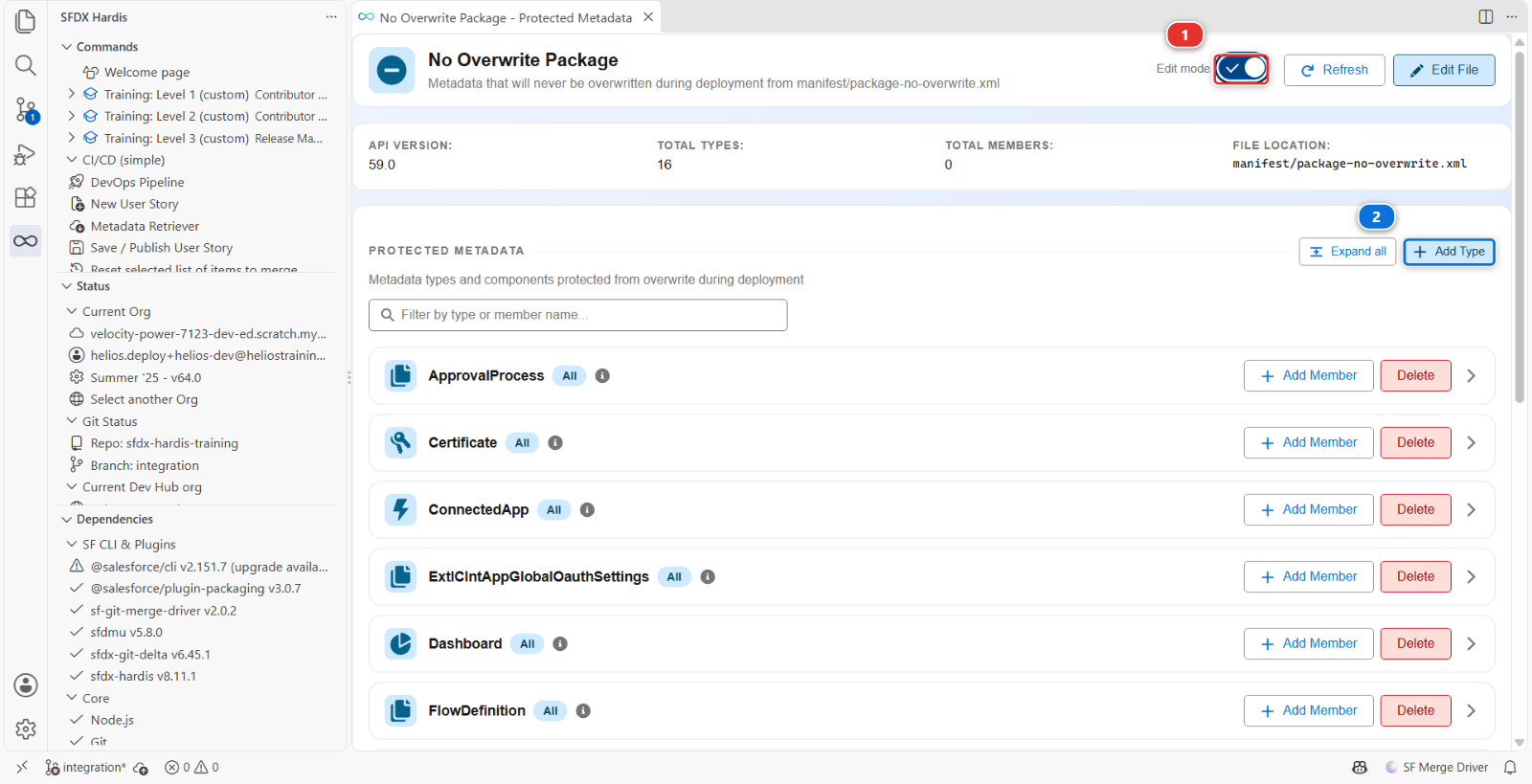 The package viewer on the default no-overwrite list, in edit mode