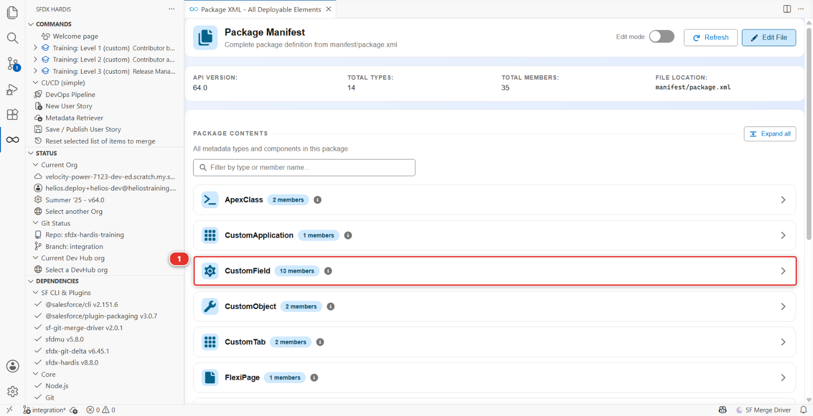 The package viewer on manifest/package.xml