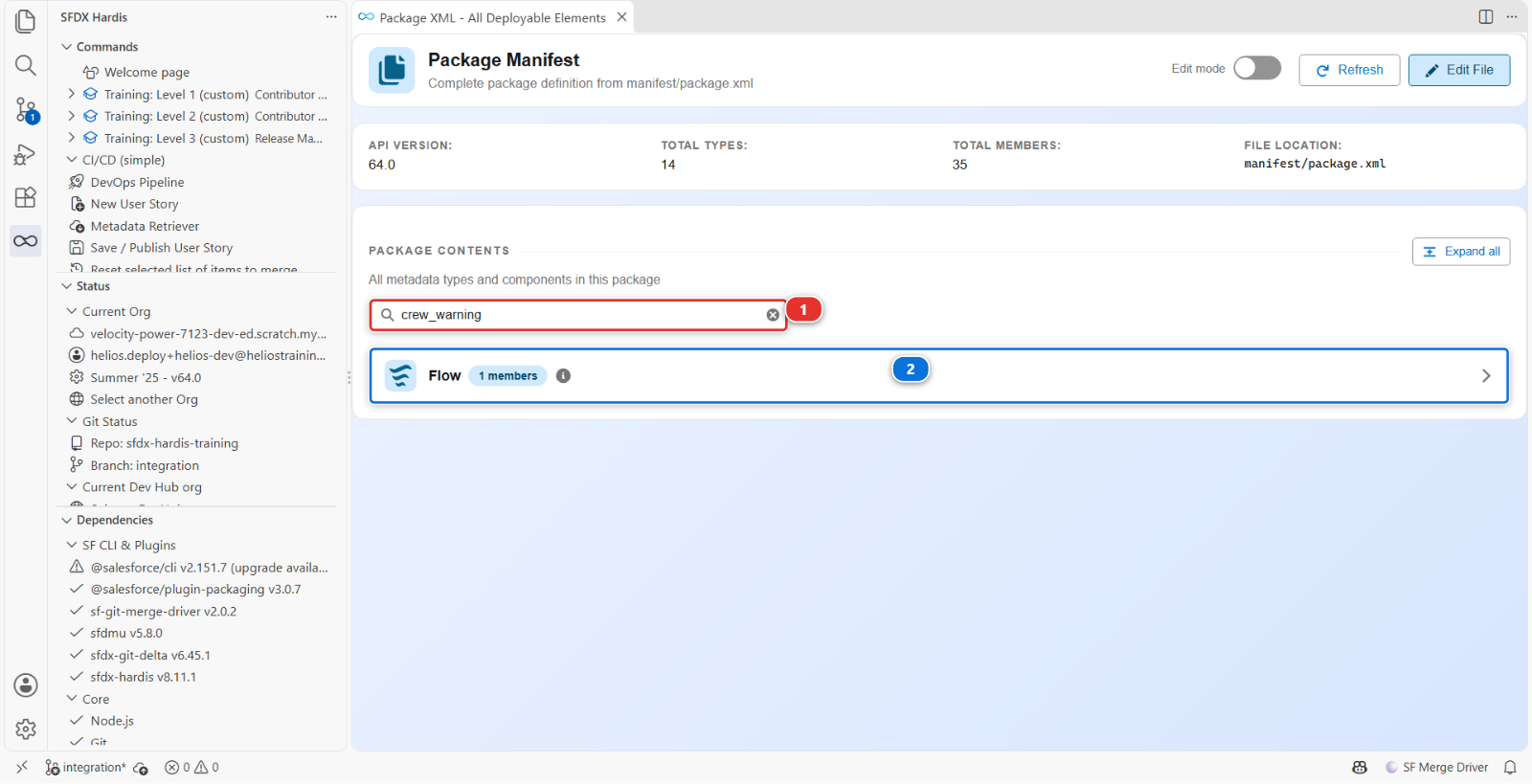 The package viewer filtered on Crew_Warning, with only the Flow row left