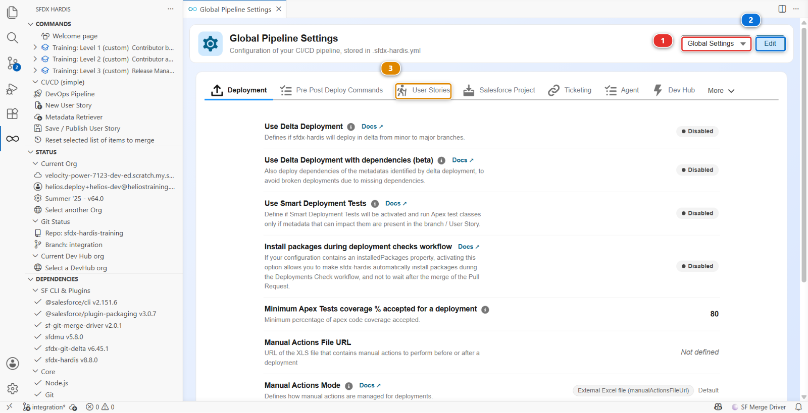 The Global Pipeline Settings screen, with the scope selector, the Edit button and the User Stories tab