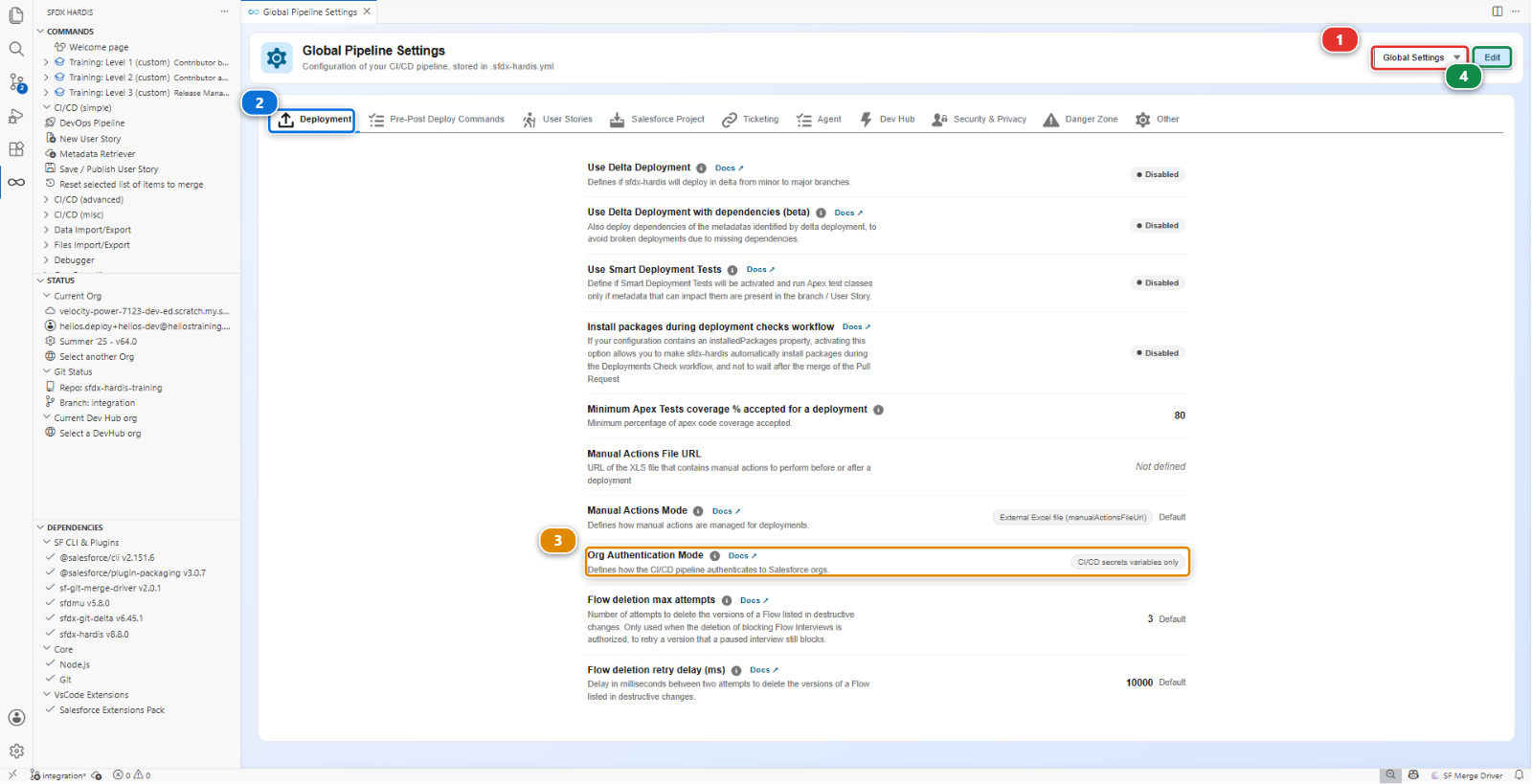 The Global Pipeline Settings panel, Deployment tab
