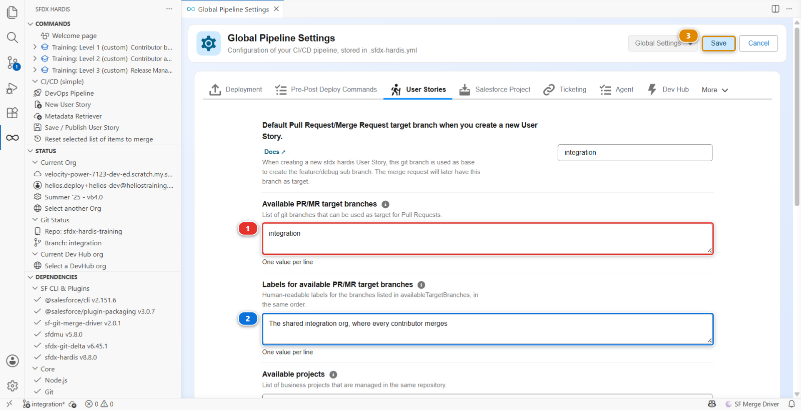 The two target branch lists of the User Stories tab, unlocked for editing