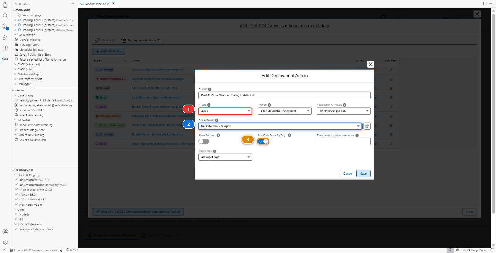 The Edit Deployment Action dialog, filled in for an Apex script