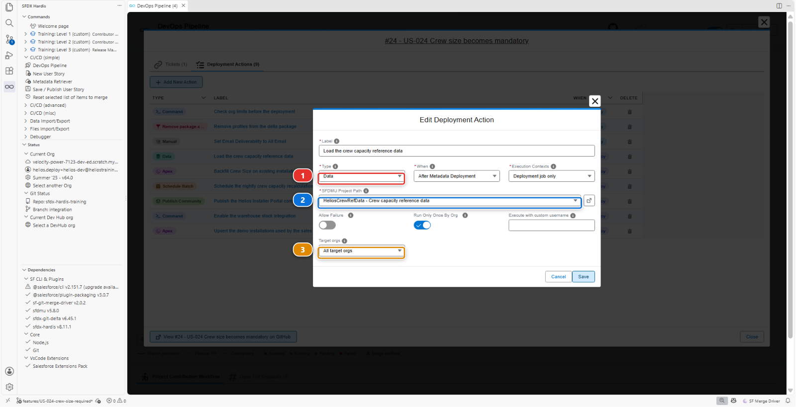 The Edit Deployment Action dialog, with the Data type selected