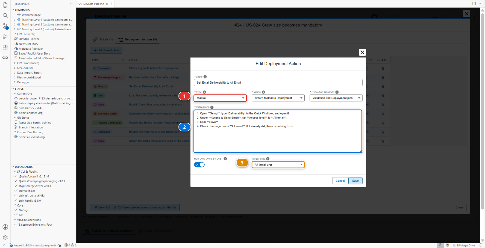 The Edit Deployment Action dialog, with the Manual type selected