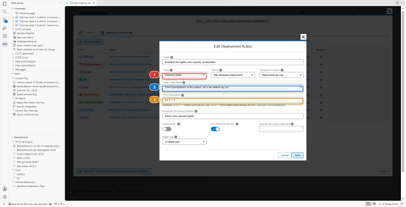 The Edit Deployment Action dialog, with the Schedule Batch type selected