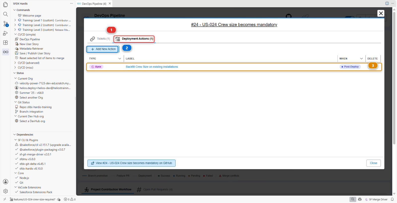 The Deployment Actions tab of the Pull Request, listing the actions it carries