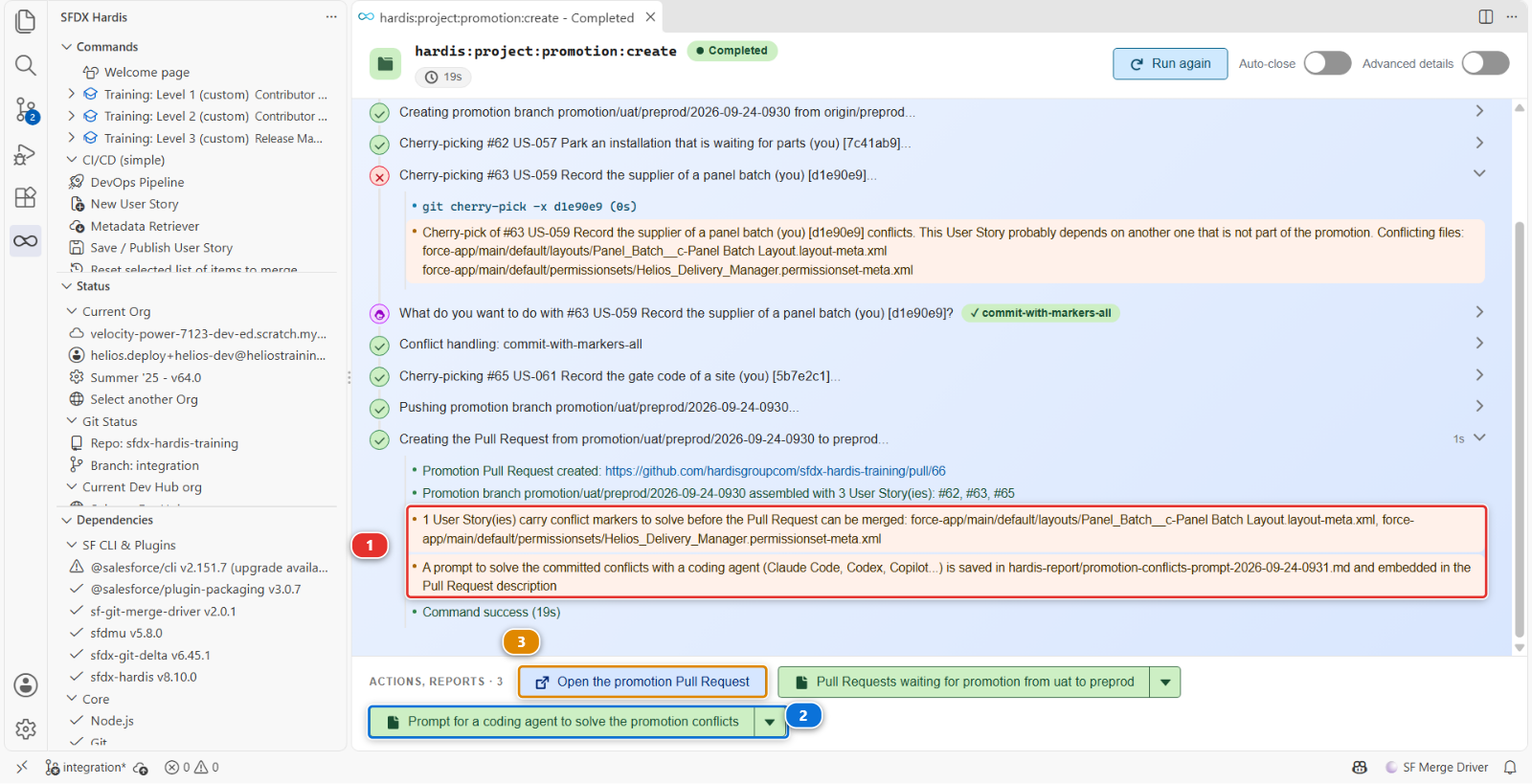 La fin de l'exécution, avec les deux avertissements sur les marqueurs et le fichier du prompt à côté du bouton de la Pull Request