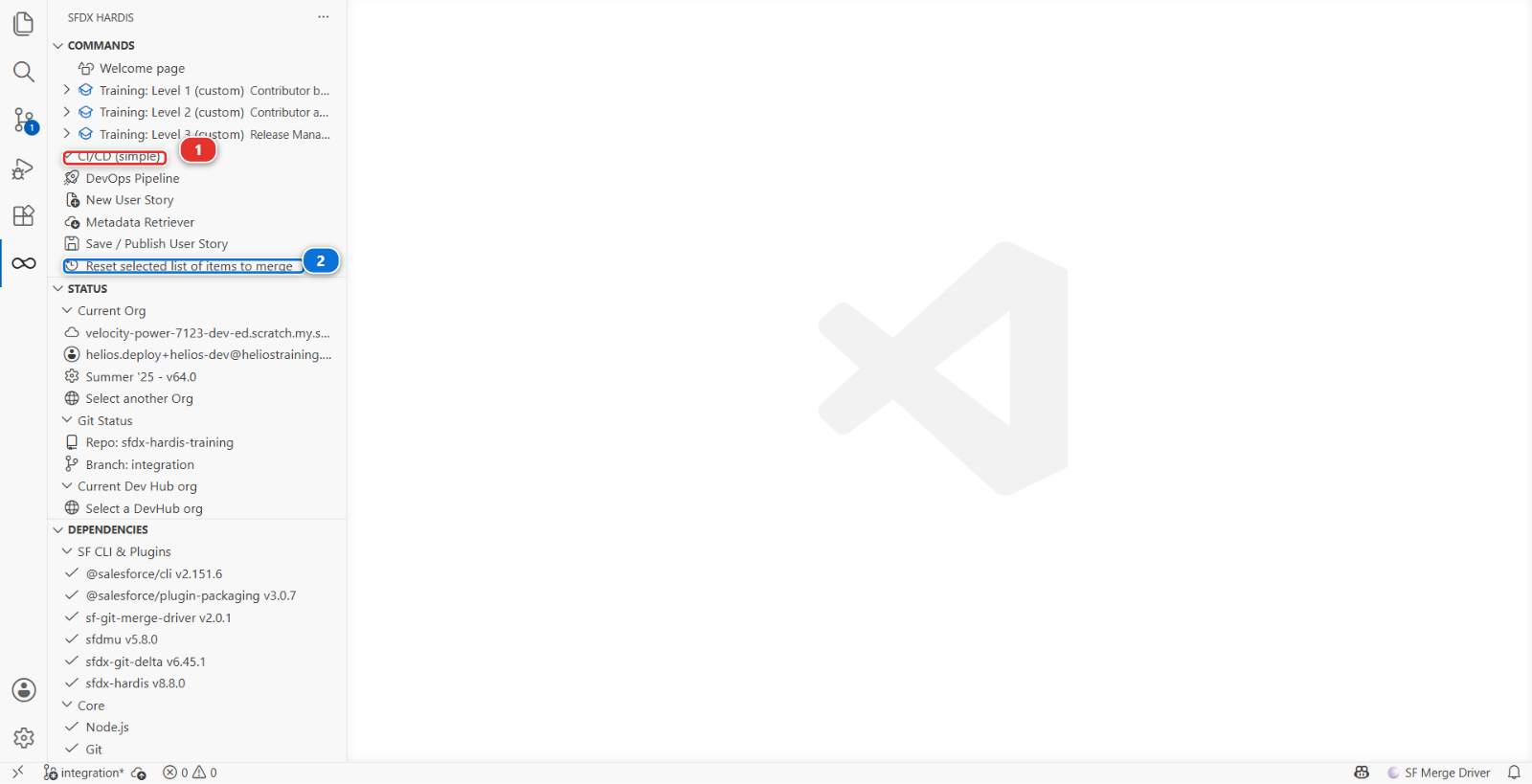 The SFDX HARDIS command list, with the CI/CD (simple) group open