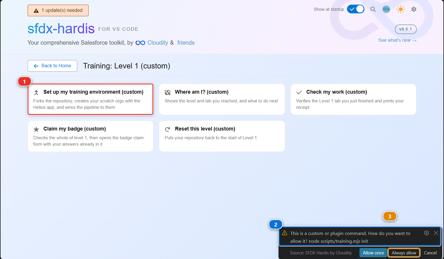 VS Code asking how to allow the Training command, with Always allow