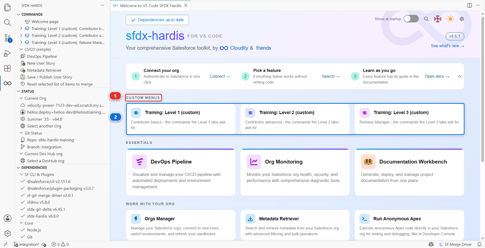 The Welcome page, with the CUSTOM MENUS group and the three Training cards