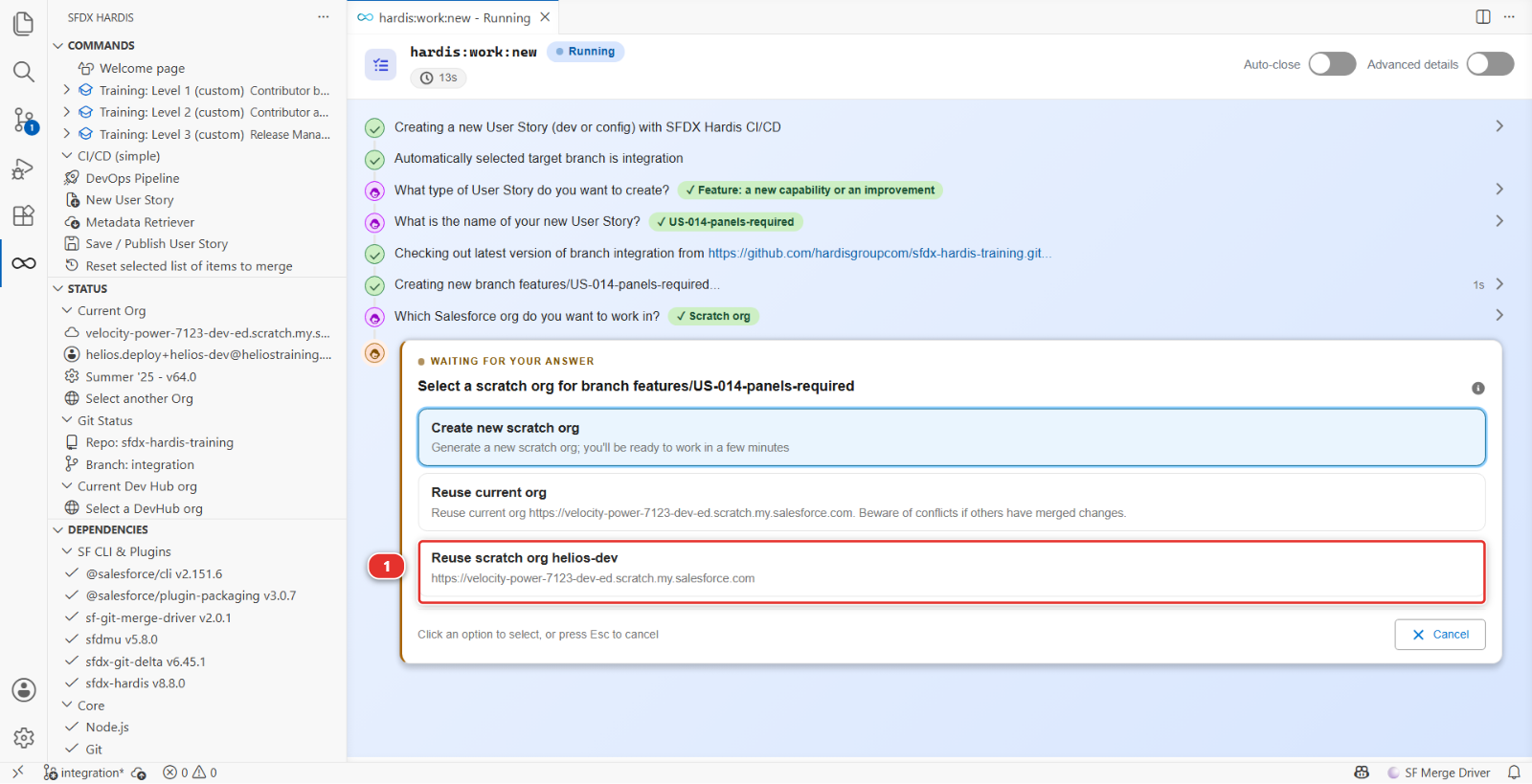 The New User Story command asking which scratch org to build in