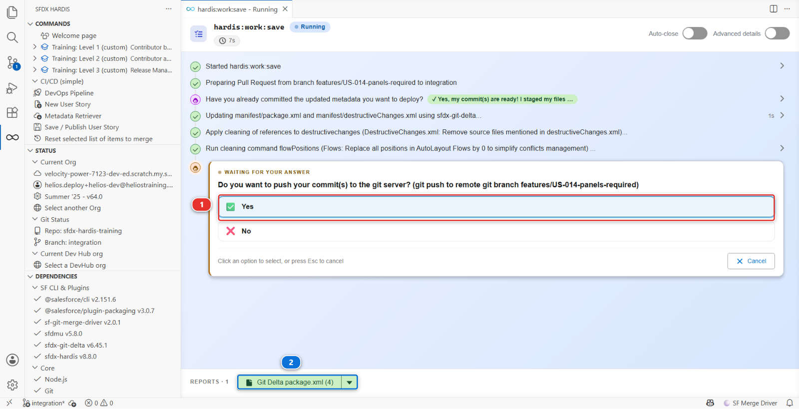 The Save / Publish command waiting for an answer, with the package.xml report at the bottom