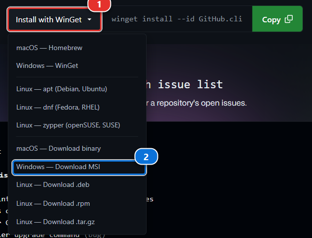 The GitHub CLI home page, with the install list open on the Windows MSI