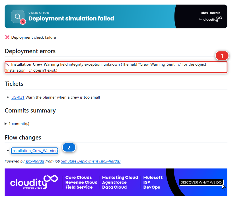 The sfdx-hardis comment of a failed deployment check