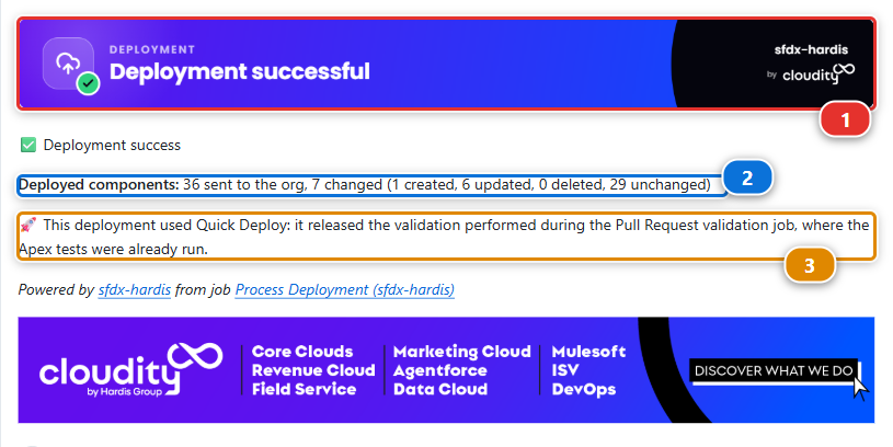 The comment sfdx-hardis writes after the merge deployment