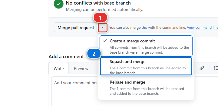 The merge method menu of a Pull Request, with Squash and merge