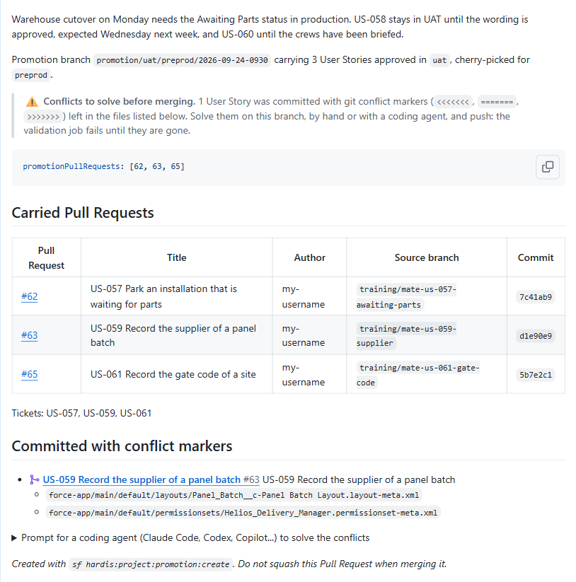 La description de la promotion Pull Request sur GitHub, avec l'avertissement, le bloc de déclaration, le tableau des Pull Requests portées et le prompt replié