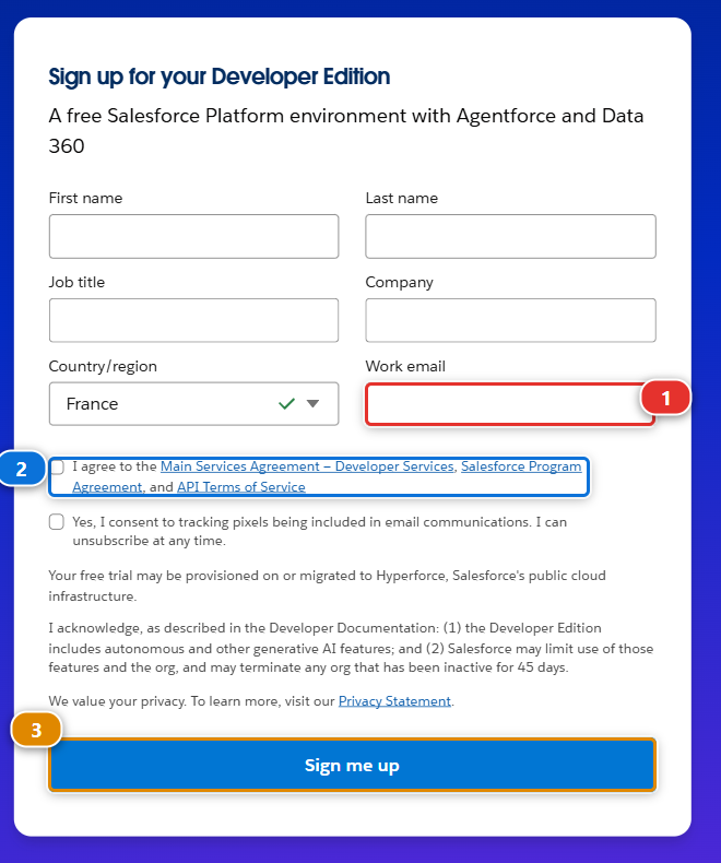 The Salesforce Developer Edition signup form